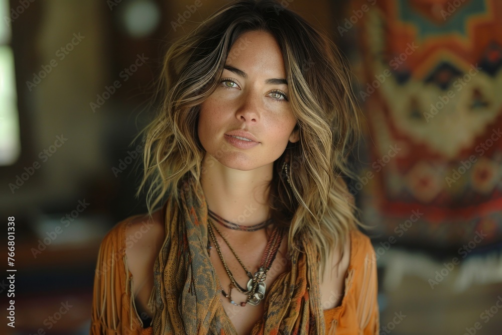Beautiful young woman with long wavy hair, green eyes, necklace, burnt orange shirt, and scarf. Beautiful young woman with long wavy hair, green eyes, necklace, burnt orange shirt, and scarf.