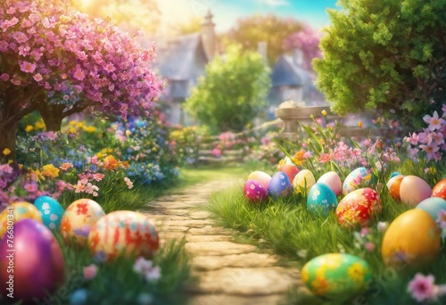 Spring Easter landscape  green street  blooming rose tree  dyed eggs  flowers