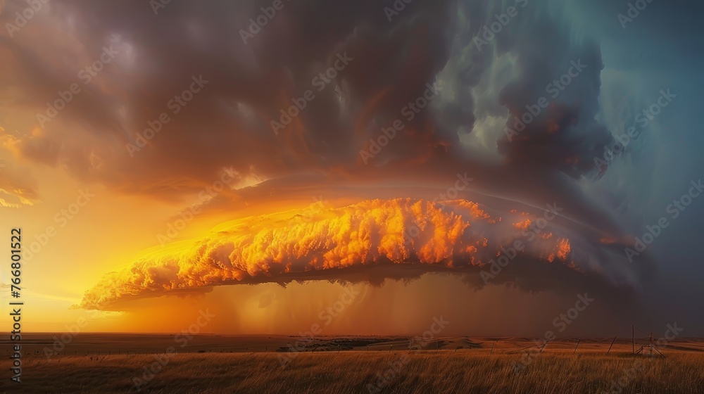 Structured supercell thunderstorm on sunset sky