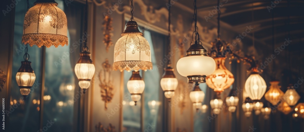 Obraz premium In a room of a charming wooden building, an art event is taking place with a bunch of lamps hanging from the ceiling, creating a warm and inviting atmosphere for sharing creativity