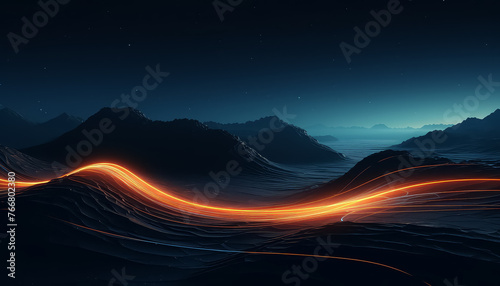 A mountain range with a long, curving line of orange light