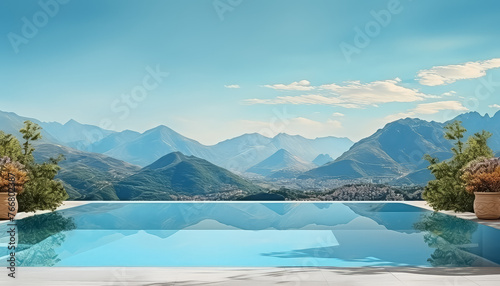 A large pool with mountains in the background