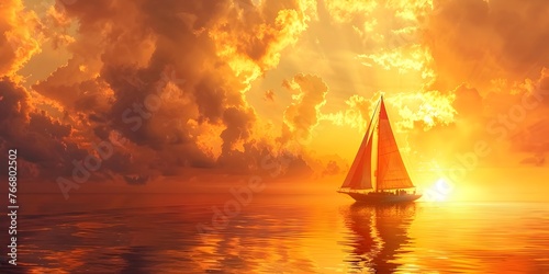 Fototapeta Naklejka Na Ścianę i Meble -  A serene sailing boat majestically glides across the tranquil ocean its vibrant red sails illuminated by the breathtaking golden sunset