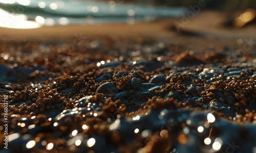 Grains de sable sur une plage, photographie en gros plan ,hyperdetailed, hyperrealistic,