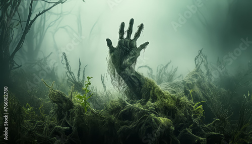 A hand is reaching out in the air above a tree covered in moss photo
