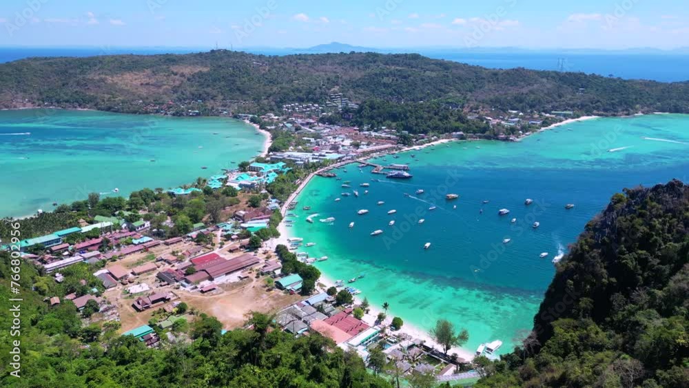 Primeval jungle hills island phi phi island. Wonderful aerial top view flight panorama overview drone
4k