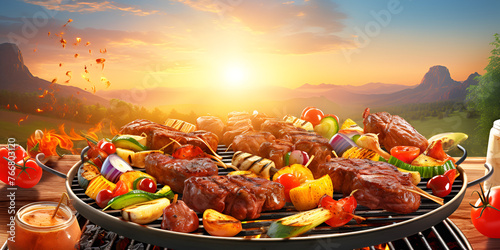 grilled meat on the gril with red chily family gathering cooking inspiration muslims eid festival recipes sunny background photo