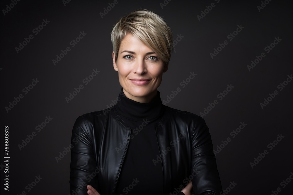 Portrait of a beautiful woman in a black leather jacket on a dark background
