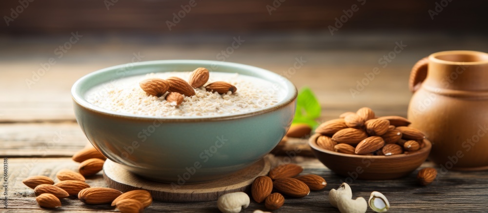 A dish of rice pudding topped with almonds, served on a porcelain plate on a wooden table