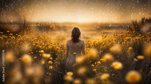 Beautiful young woman standing in a field with yellow flowers at sunset