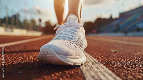 detailed closeup of sport shoe getting ready for running on a track before the race showcasing running preparation and performance footwear photo