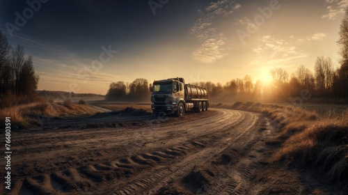 Truck on the road in the countryside at sunset. photo