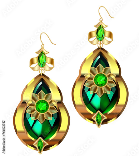 Illustration of gold jewelry earrings with precious stones isolated on a white background