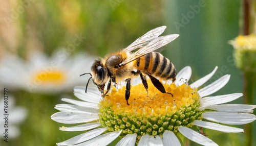 bee on flower, wallpaper texted queen apis mellifera marked with dot and bee workers around her  life of bee colony © Bilal