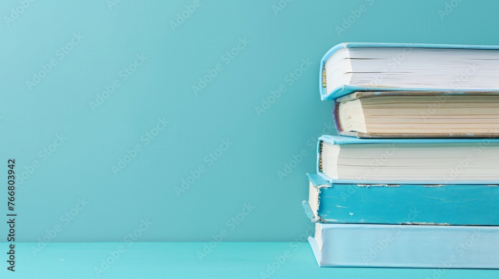 Fototapeta premium Stack of Blue Books on Pastel Background