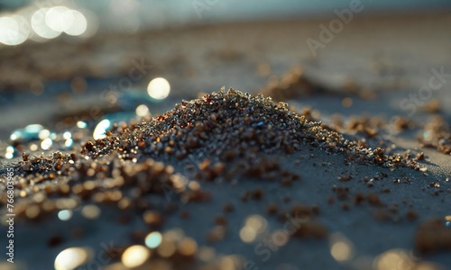 Grains de sable sur une plage, photographie en gros plan ,hyperdetailed, hyperrealistic,