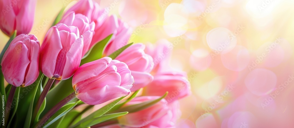 Obraz premium Pink tulips arranged in a bouquet against a blurred background, with space for a greeting message. Ideal for Valentine's Day or Mother's Day,