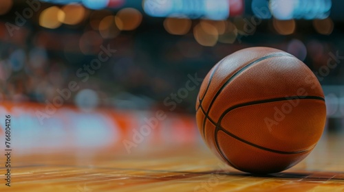Close-Up of Basketball on Shiny Wooden Court