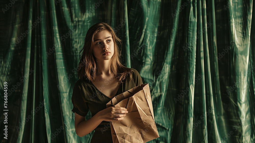 A woman holds a paper bag against a backdrop of green drapes. 