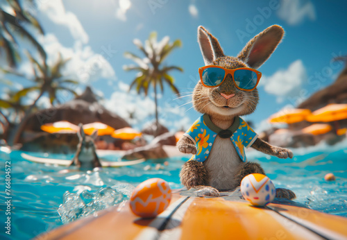 A cute little Easter bunny with glasses is surfing on the beach surrounded by colorful eggs, dressed in summer, and enjoying the bright sunny day with a blue sky and a happy mood.