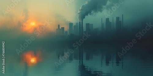 Moody Skyline Reflection on Tranquil River Industrial Cityscape with Hazy Skies and Copy Space