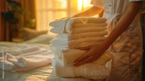 hand professional chambermaid placing fresh towels in hotel room closeup showing clean and tidy service for guest comfort and hygiene