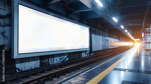 **Clear Billboard in public place with blank copy space screen for advertising or promotional poster content, empty mock up Lightbox for information, blank display in station area with daylight.