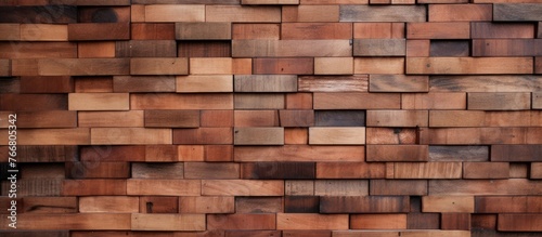 Assortment of various wooden blocks arranged on a detailed wooden wall background