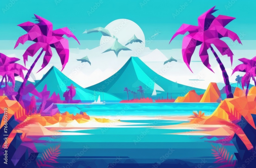 Summer tropical landscape. The sea coast. Palm trees and mountains in the distance. A bright flat summer illustration.