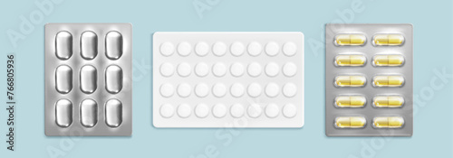 Pill blister with medicines. Realistic 3d vector mockup set of foil transparent and white package with tablets and capsules. Plastic pharmaceutical storage box with drugs. Medication container.
