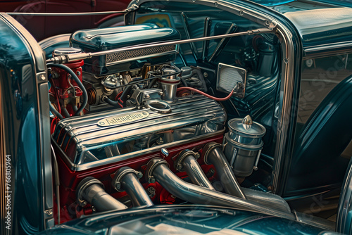 Antique car engine view. Classic Car Show