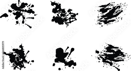 Black ink spots set on white background. Ink illustration, graphic texture of ink brush stroke