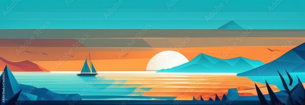 A summer tropical seascape with a parkland. The sea coast. Palm trees and mountains in the distance. A bright flat summer illustration in a polygonal style.
