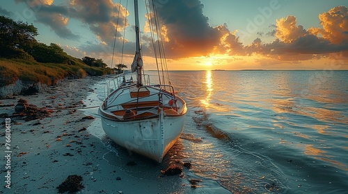 A sailboat rests peacefully on the shore, its sails neatly furled, capturing a moment of quiet repose by the water's edge photo