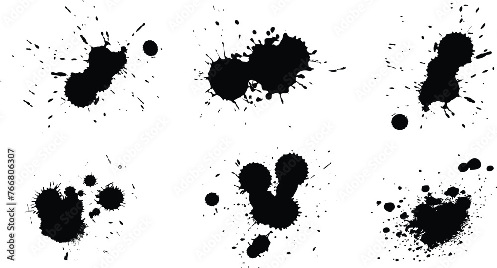minimal black color Ink drops and splashes. Blotter spots, liquid paint drip drop splash and ink splatter, color splatter paint brushstroke