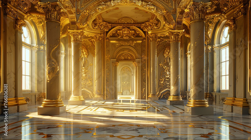 Golden, opulent, traditional arch with columns. The baroque-style portal. 