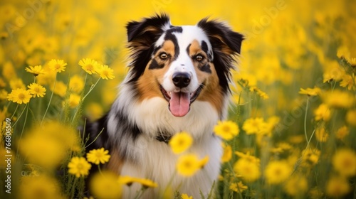 A dog is standing in a field of yellow flowers