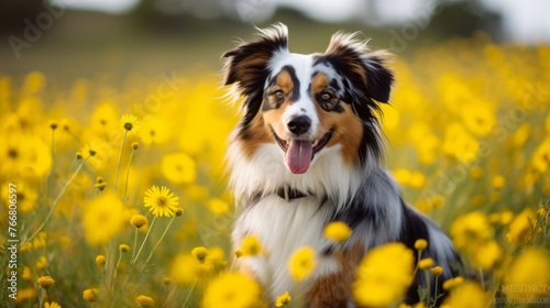 A dog is sitting in a field of yellow flowers © liliyabatyrova