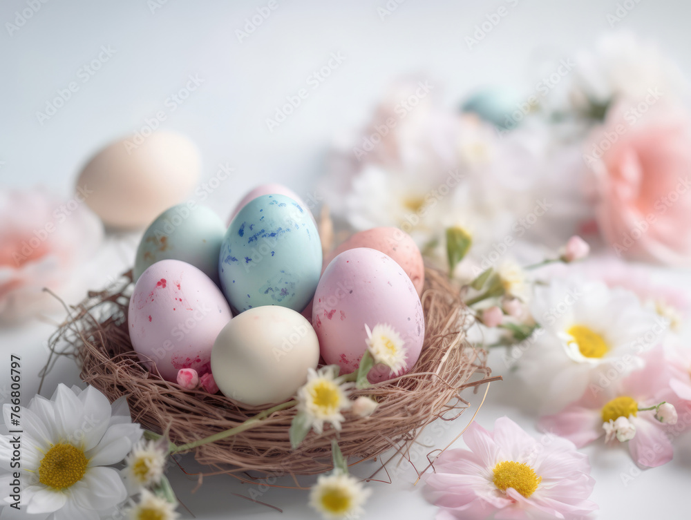 Easter Eggs in a nest with Chamomile Flowers on a white background