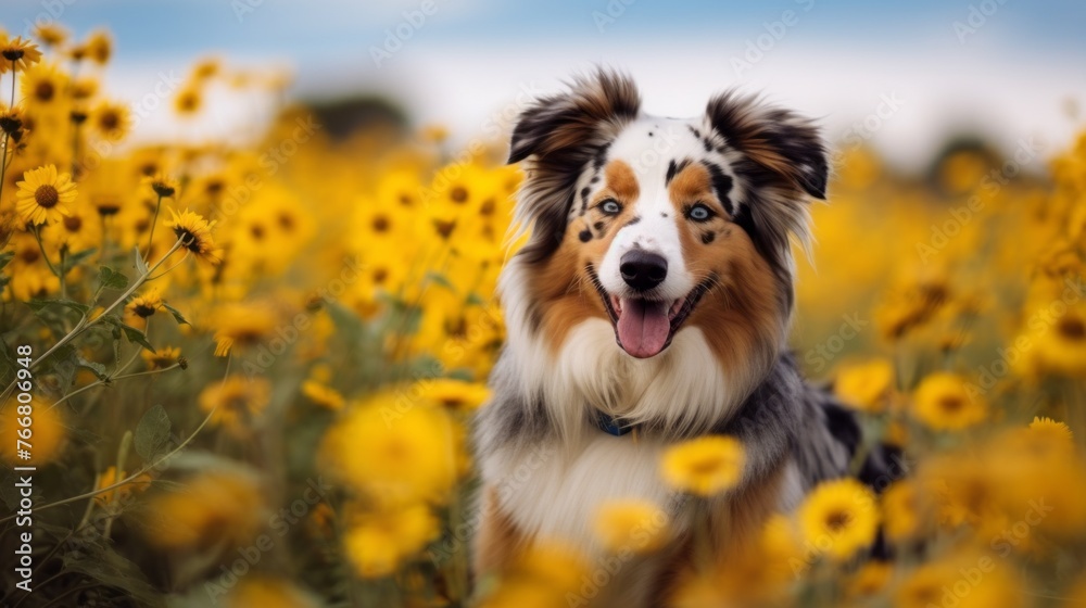 A dog is standing in a field of yellow flowers