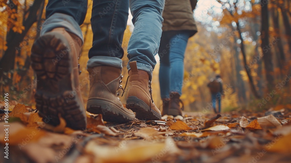 group of tourists hiking on autumn forest path feet closeup capturing the scenic trail and nature exploration during seasonal travel group of tourists hiking on autumn forest path feet closeup capturing the scenic trail and nature exploration during seasonal travel