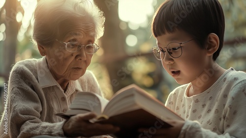 Elderly Japanese grandmother reading a book to her grandson. Teaching traditions from generation to generation, raising and teaching children by grandmothers. The relationship care from childhood