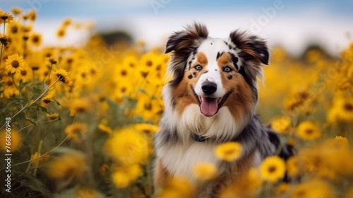 A dog is standing in a field of yellow flowers