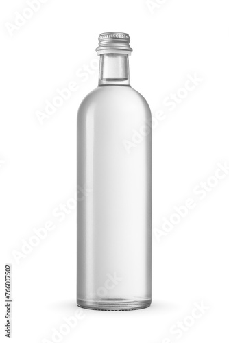 Misted transparent glass purified water bottle isolated. Closed with a screw metal cap. Transparent PNG image.