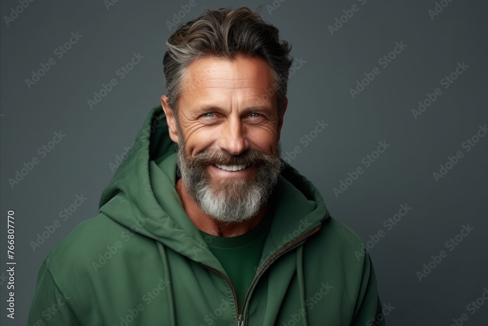 Portrait of a handsome mature man in a green hoodie.