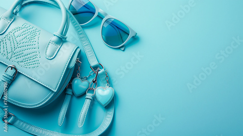 Blue women's bag and glasses on a blue background with copy space