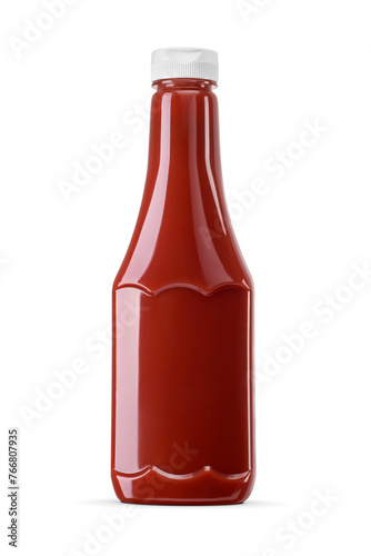 Red ketchup or tomato sauce in transparent plastic PET squeeze bottle isolated. Transparent PNG image.