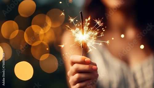 A woman is holding a sparkler in her hand