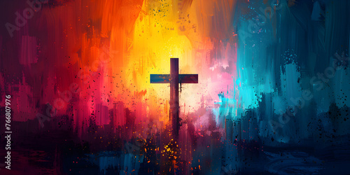 Colorful painting art of an abstract background with cross, Christian illustration, perfect for spiritual or religious-themed decor.
