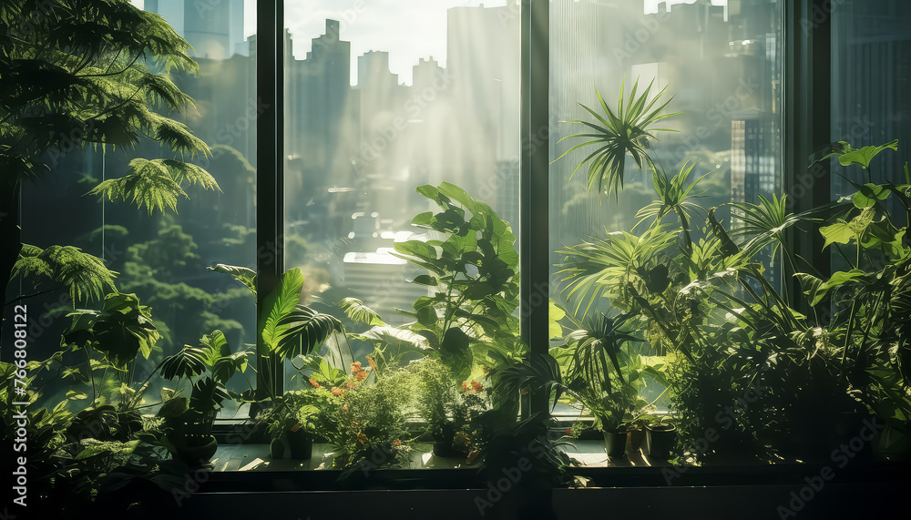 Window inside the office full of plants and sunlight